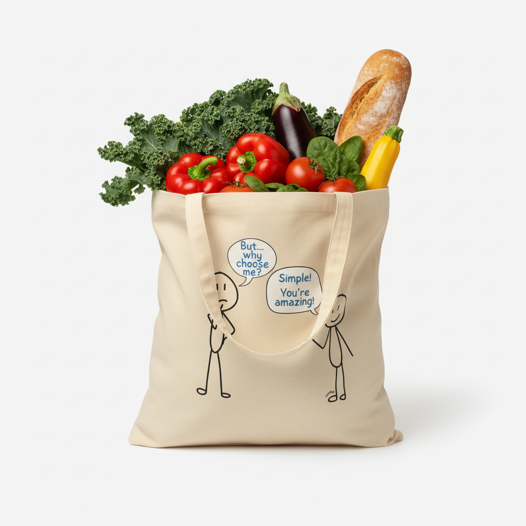 "Why choose me?" 100% Organic Cotton Eco Tote Bag - uplifting message for gifts