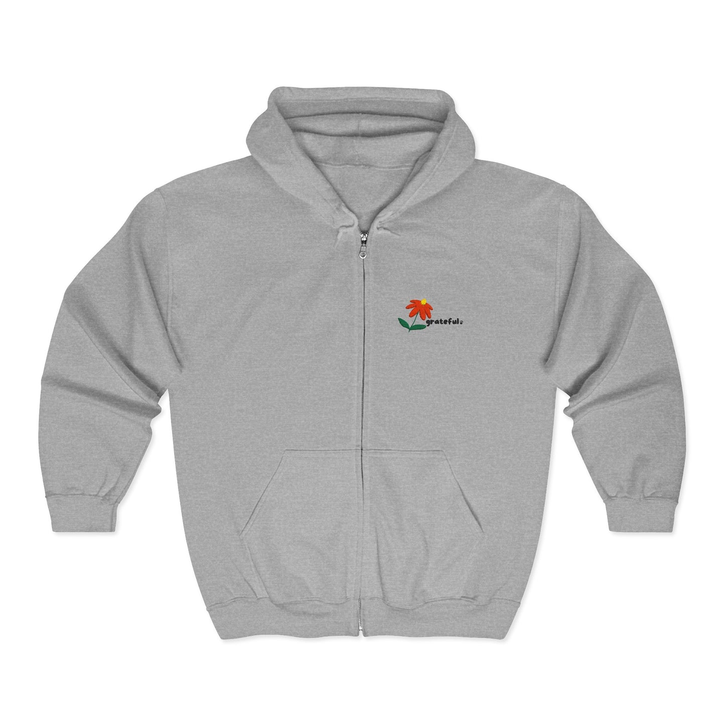 "grateful." Embroidered Full Zip Hoodie – Minimalist Affirmation Hoodie with Flower