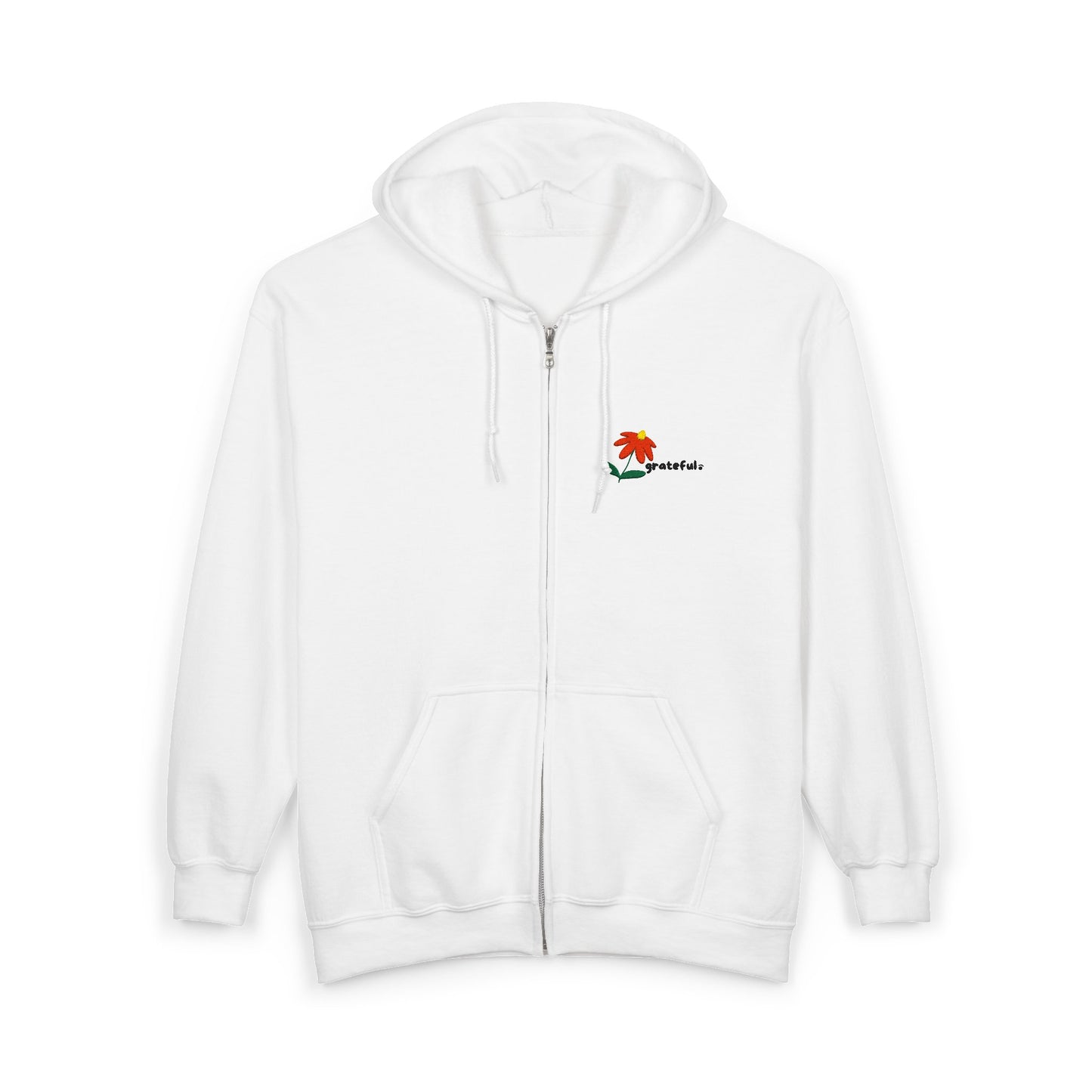 "grateful." Embroidered Full Zip Hoodie – Minimalist Affirmation Hoodie with Flower