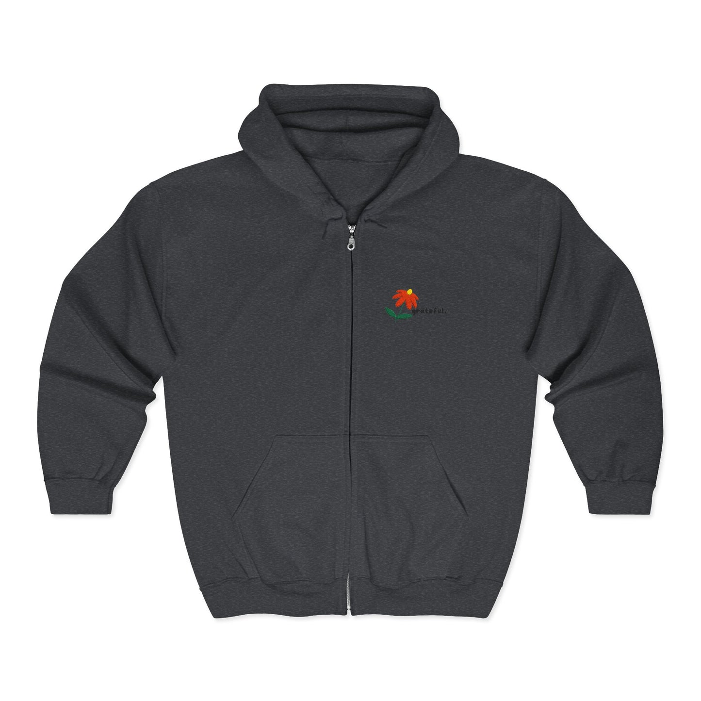 "grateful." Embroidered Full Zip Hoodie – Minimalist Affirmation Hoodie with Flower