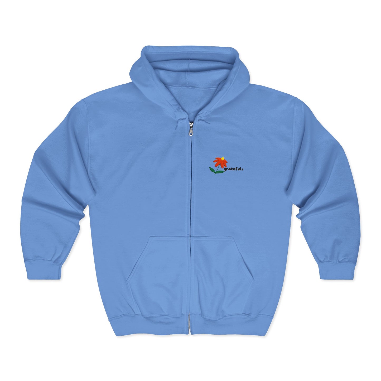 "grateful." Embroidered Full Zip Hoodie – Minimalist Affirmation Hoodie with Flower