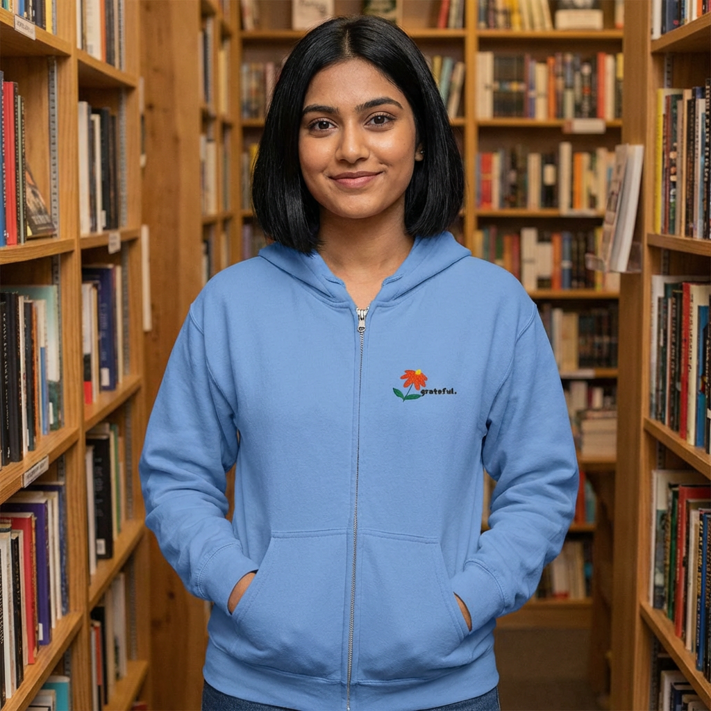 "grateful." Embroidered Full Zip Hoodie – Minimalist Affirmation Hoodie with Flower