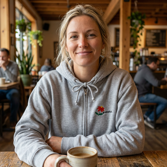 "grateful." Embroidered Full Zip Hoodie – Minimalist Affirmation Hoodie with Flower