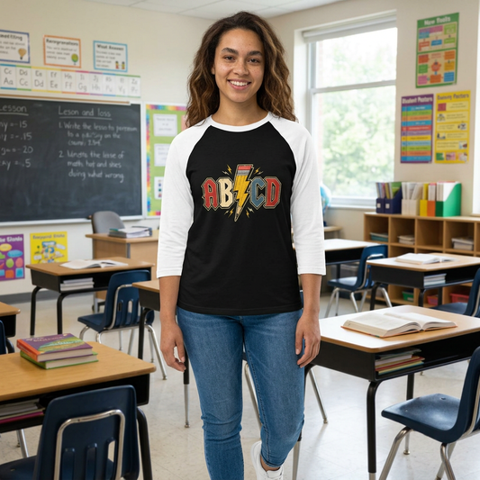 ABC Lightning Bolt Baseball Tee — Retro Rock Band Graphic Raglan