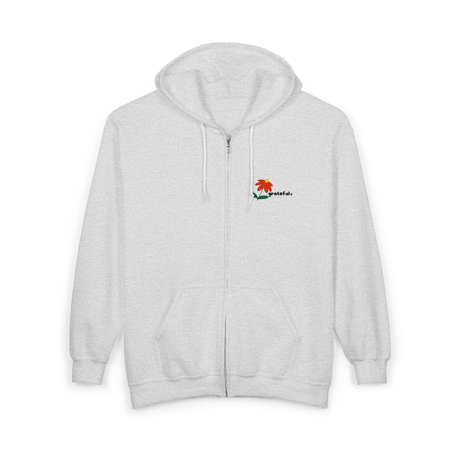 "grateful." Embroidered Full Zip Hoodie – Minimalist Affirmation Hoodie with Flower
