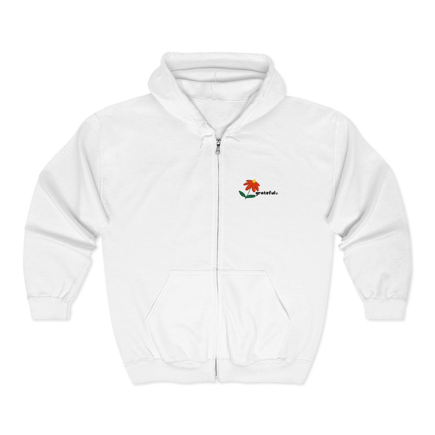 "grateful." Embroidered Full Zip Hoodie – Minimalist Affirmation Hoodie with Flower