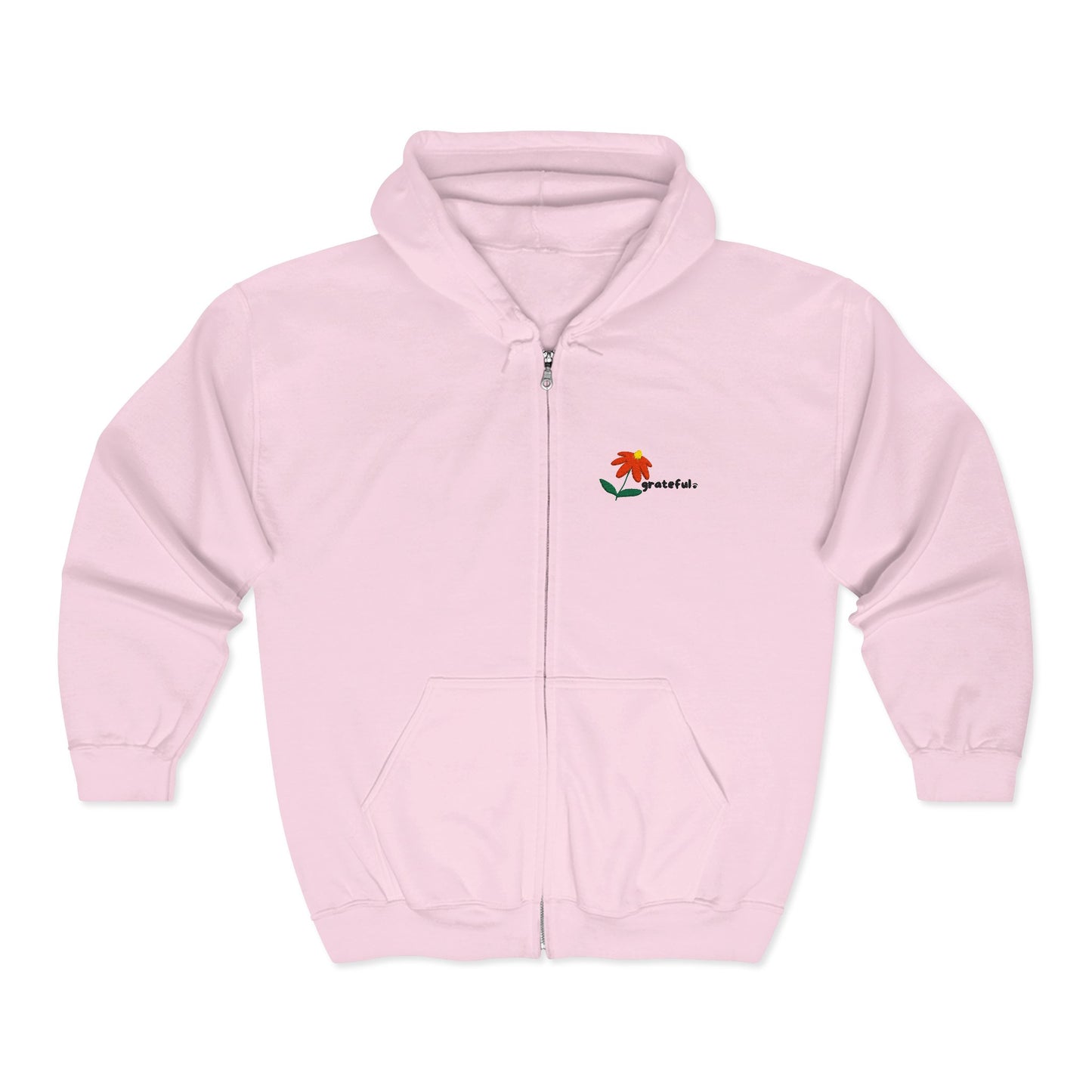 "grateful." Embroidered Full Zip Hoodie – Minimalist Affirmation Hoodie with Flower