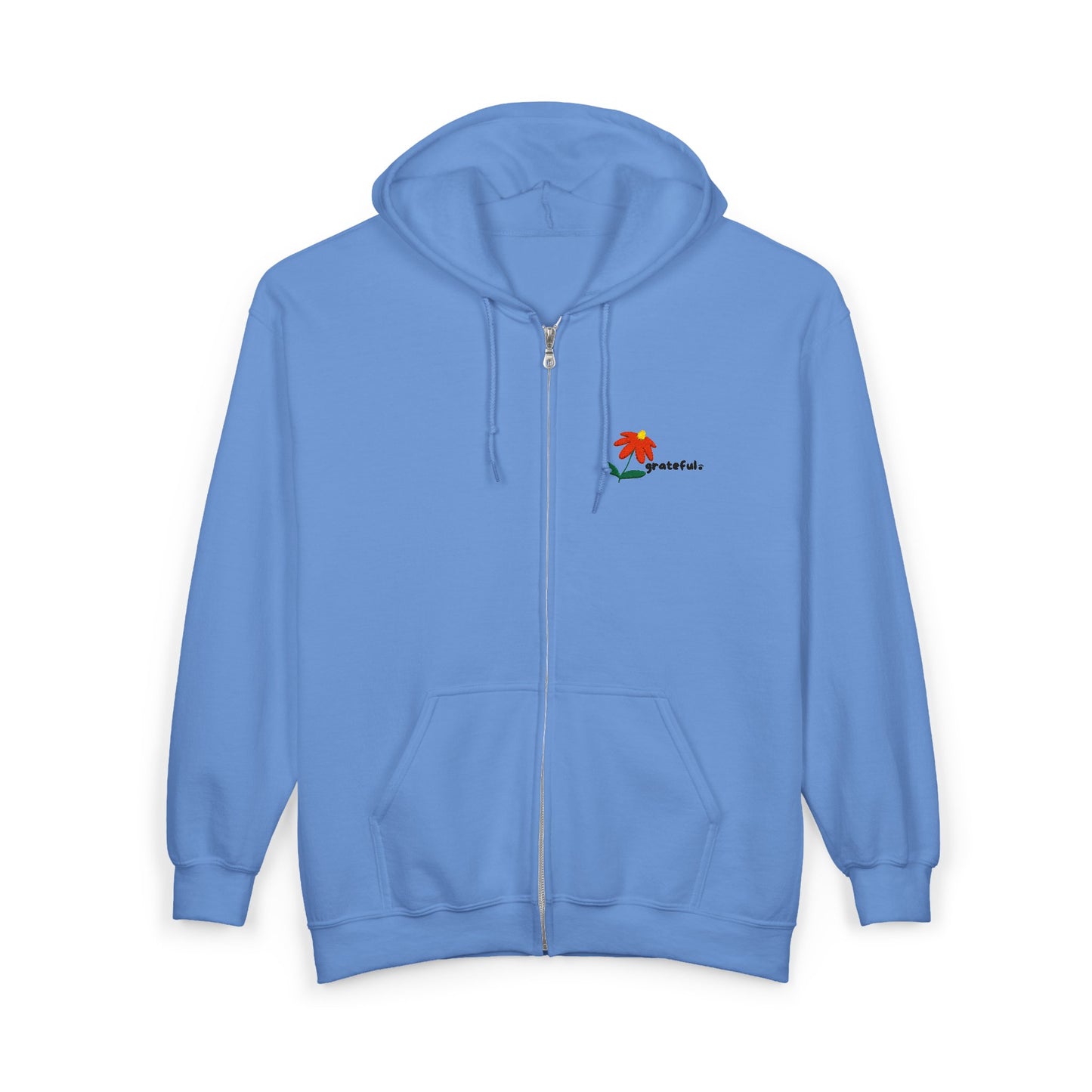 "grateful." Embroidered Full Zip Hoodie – Minimalist Affirmation Hoodie with Flower